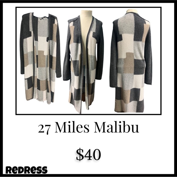 27 Miles Malibu Sweaters - 27 Miles 100% Cashmere Grey Color Block Duster/Cardigan, Sz S!